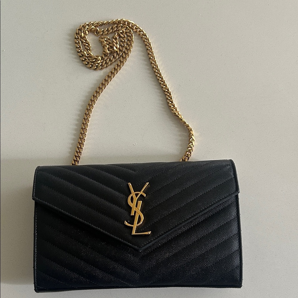 Yves Saint Laurent Black Chevron wallet on chain.